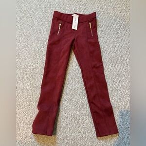 Burgundy Pants with Gold Zippers